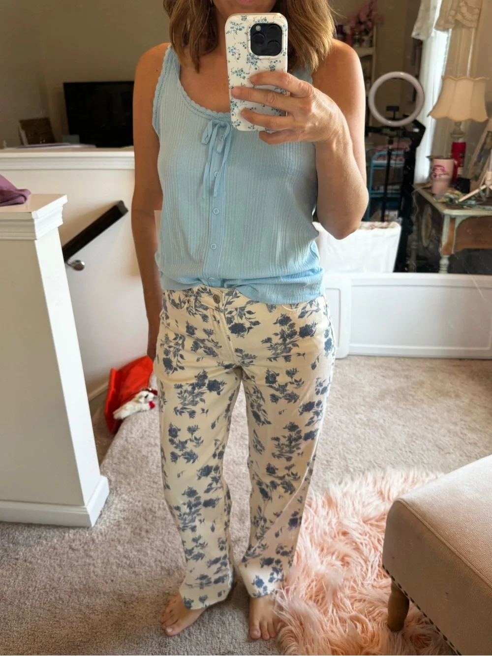 Old Navy Blue Floral curvy Heighway waisted loose jeans